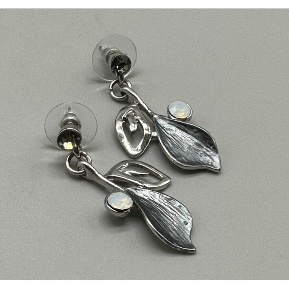 3/$30 Silver Tone Leaf Dangle Earrings Gray Enamel Rhinestone Pierced Post 1.25"